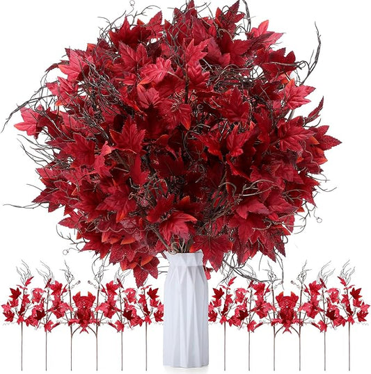 12 Pcs 19.7 Inch Artificial Halloween Flowers Decorations Burgundy Floral Stem Leaves Picks Branches Gothic Halloween Table Decorations for Home Indoor Party Vase Arrangement Decor