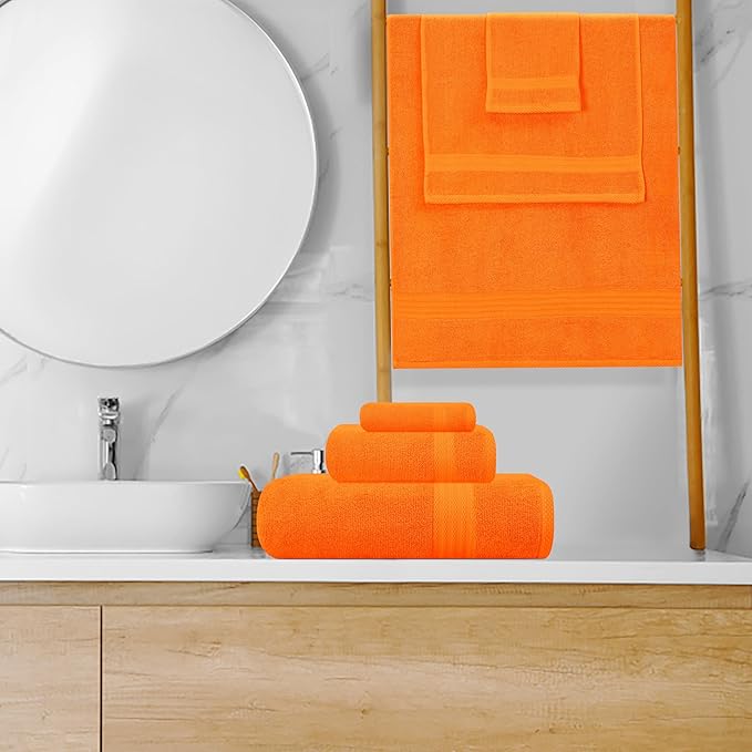 GLAMBURG Ultra Soft 8-Piece Towel Set - 100% Pure Ringspun Cotton, Contains 2 Oversized Bath Towels 27x54, 2 Hand Towels 16x28, 4 Wash Cloths 13x13 - Ideal for Everyday use, Hotel & Spa - Orange