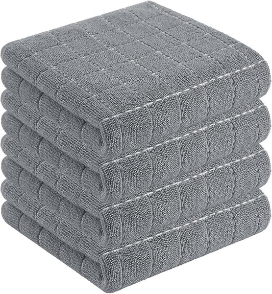 Homaxy 100% Cotton Terry Kitchen Towels(Grey, 13 x 28 inches), Checkered Designed, Soft and Super Absorbent Dish Towels, 4 Pack