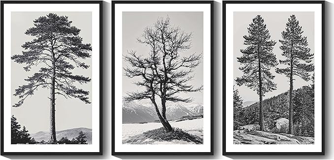 KUVIOKE Vintage Black Gray Forest Wall Art Framed Antique Retro Tree Prints Modern Rustic Artwork Bedroom Living Room Ready to Hang 24x36in (Black Framed)