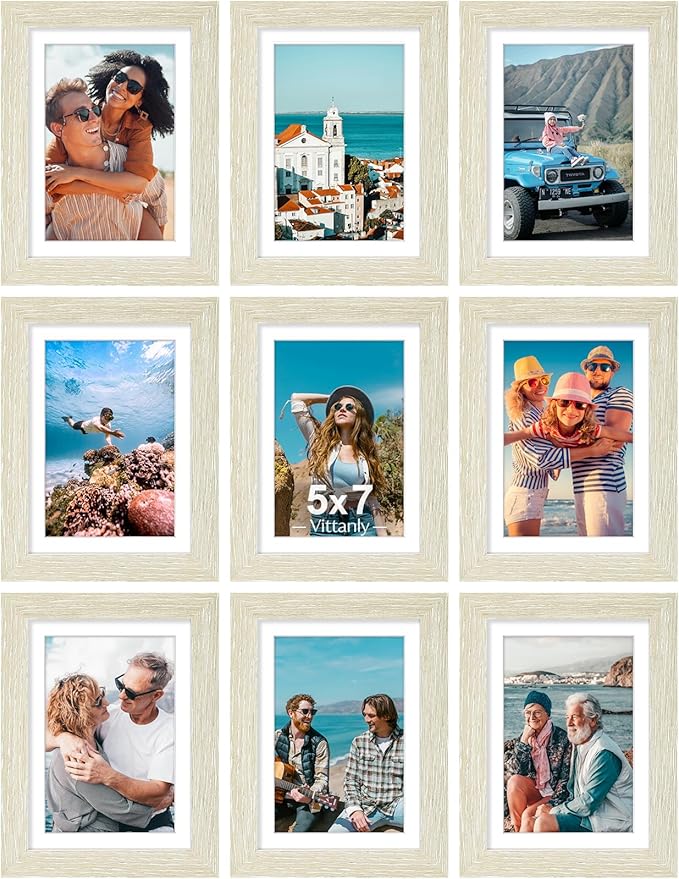 Vittanly 5x7 Picture Frames Set of 9, Shatter Resistant Plexiglass, Display 4x6 Pictures with Mat or 5x7 without Mat, Photo Frames for Wall or Tabletop, Engineered Wood, Cornsilk