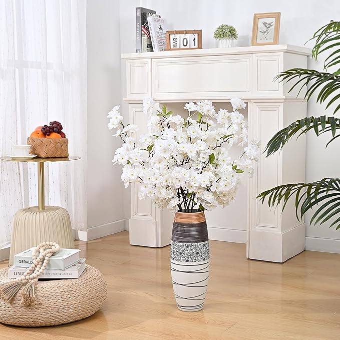 Sunm Boutique White Cherry Blossom Flowers, Artificial Cherry Blossom Decor Faux Cherry Blossom Branches Vase Arrangements for Wedding Home Party Kitchen Decor, Set of 3