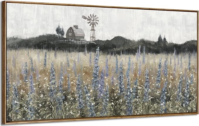 Framed Canvas Wall Art for Living Room Rustic Farmhouse Scenery Vintage Countryside Windmill Barn Picture Nature Wilderness Landscape Wildflower Field Meadow Print Painting Retro Artwork 48"W x 24"H