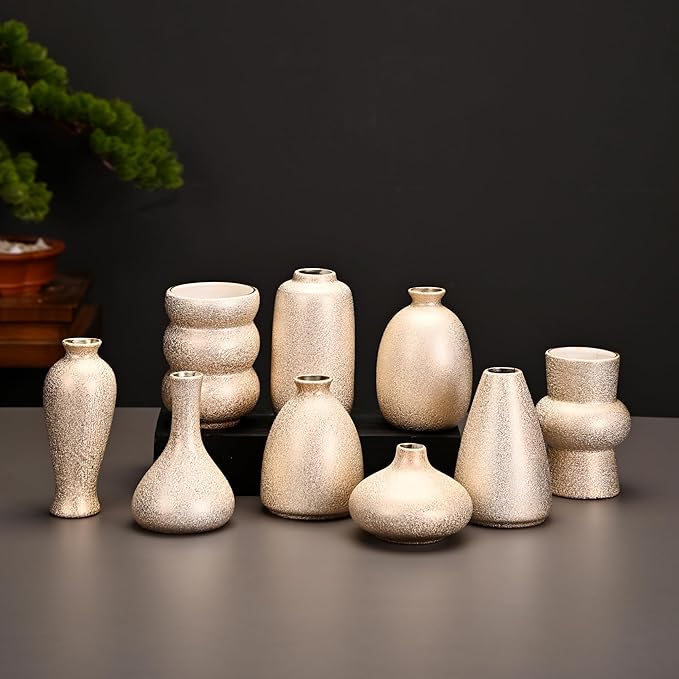 Set of 9 Ceramic Bud Vases for Pampas Grass Flowers, Small Vases in Bulk for Centerpieces Boho Vases for Wedding Decorations Neutral Living Room and Bedroom Decor DIY Gift (Gold)