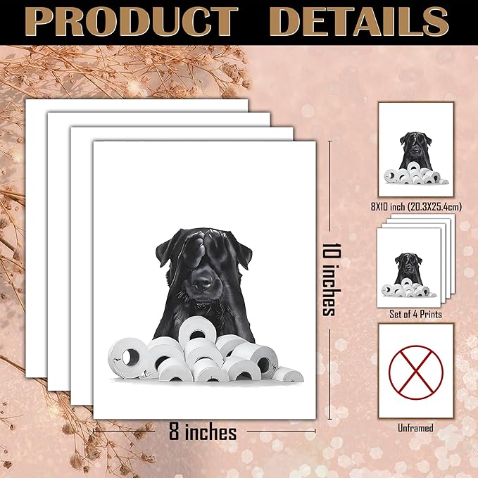 FITIE Funny Black Labrador Retriever Bathroom Wall Art Posters Set of 4, Dog Bathroom Decor, Toilet Humorous Black Lab Dog Canvas Prints Artwork Wall Decor for Bath Wash Room, 8x10 Unframed