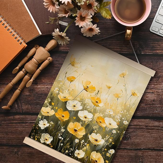 FITIE Watercolor Wildflowers Wall Art Poster Framed, Rustic Farmhouse Decor, Floral Room Decor, Fall Wall Decor Poster Hanger Frame, Rustic Cottagecore Yellow White Flower Field Canvas Wall Art Prints for Home Office, 12x16 Inches