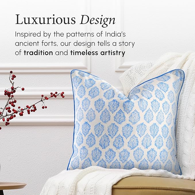 CPC 100% Cotton Throw Pillow Covers 20x20 Inch, Set of 2 Green Block Print Pattern Couch Pillow, Cute Boho Decorative Pillows for Living Room, Bedroom with Hidden Zipper- Royal Blue