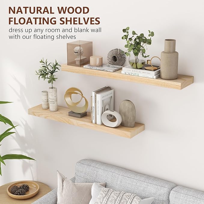 Fuqing Natural Floating Shelves, 36 Inch Set of 2, Raw Wood for Living Room & Home Office
