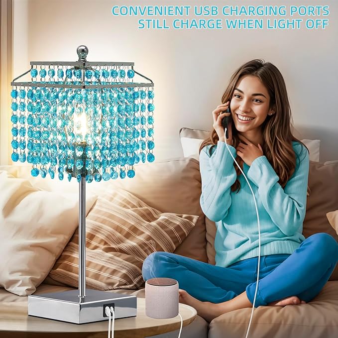 Luvkczc Crystal Table Lamp with Touch Control, Bedside Crystal Table Lamp with USB C+A Ports, 3-Way Dimmable Lamp with Crystal Shade for Girls Bedroom, Living Room, Light Blue & B11 LED Bulb Included