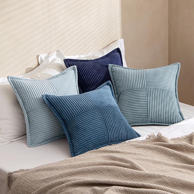 MIULEE Dusty Blue Navy Throw Pillow Covers 16x16 Inch 4 Packs Soft Boho Decorative Gradient Series Pillow Cases Farmhouse Euro Cushion Covers for Couch Sofa Bed Corduroy Striped Home Decor