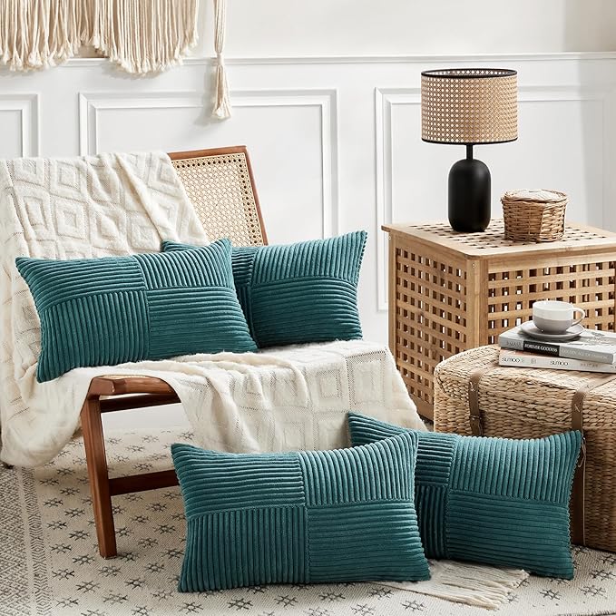 Fancy Homi 4 Packs Teal Lumbar Decorative Throw Pillow Covers 12x20 Inch for Living Room Couch Bed Sofa, Rustic Farmhouse Boho Home Decor, Soft Striped Corduroy Rectangle Accent Cushion Case 30x50 cm