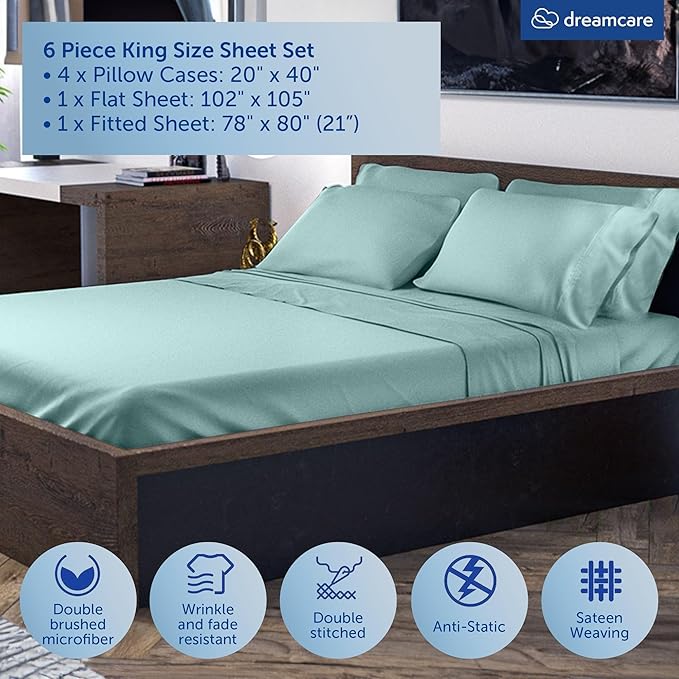 DREAMCARE King Size Sheets Set – 6 pcs Cooling Bed Sheets – up to 21” Deep Pocket King Sheet Set – 2500 Supreme Collection – Extra Soft 100% Brushed Microfiber Hotel Luxury with Side Pocket – Spa Blue