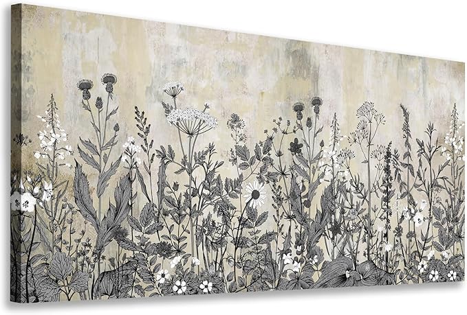 NINEASO Botanical Canvas Wall Art - Wildflower Pictures Vintage Grey Brown Floral Wall Decor Rustic Beige Print Flower Plants Painting Artwork for Living Room Bedroom Home Office Decorations 24" x 48"