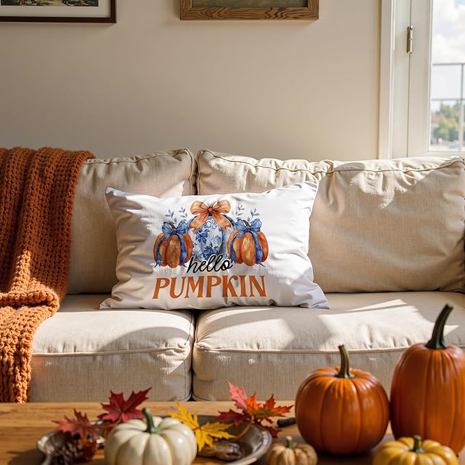 Chinoiserie Fall Hello Pumpkin Pillow Covers 20x12,Autumn Decor,Blue and White Orange Chinoiserie Pumpkin Decorative Throw Pillow Covers for Home Bedroom Living Room