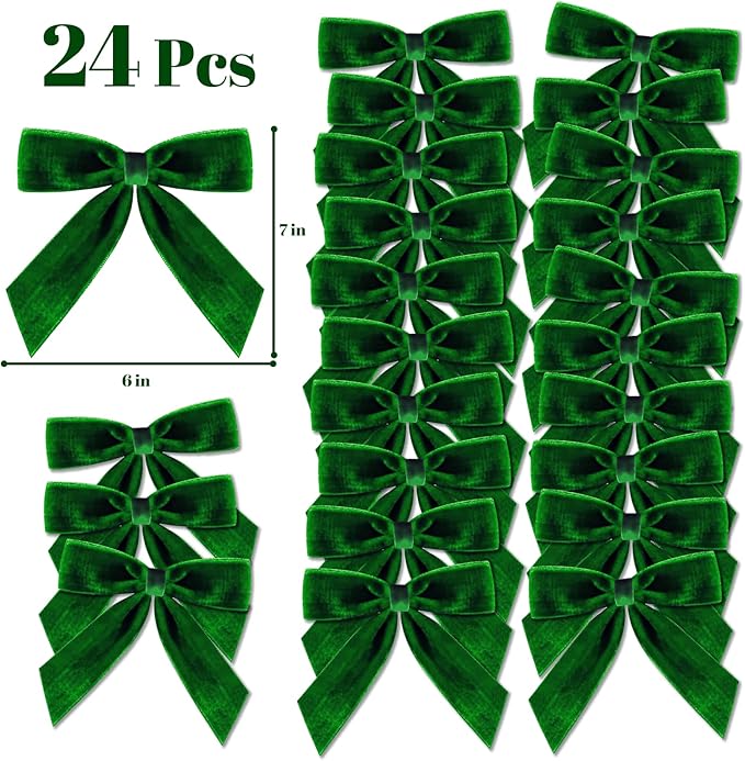 Christmas Decorations - Christmas Bows - 24 Pcs 7 x 6 inch Medium Green Velvet Bows for Christmas Tree - Xmas Ribbon Ornaments - Home Decor for Wreath Garland Gift Wrapping Crafts Wedding Party