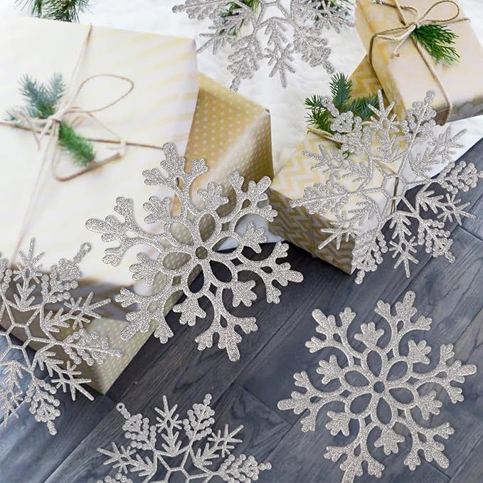 6pcs Large Silver Snowflakes Ornaments 12” Big Plastic Glitter Snowflake for Winter Indoor Outdoor Christmas Tree Window Room Decorations Giant Craft Snowflakes