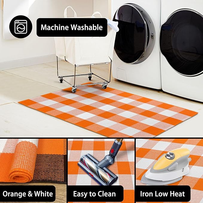 KOZYFLY Buffalo Plaid Rug 4x6 Ft Orange and White Outdoor Rugs Washable Checke Orange Rug Cotton Hand-Woven Halloween Door Mat Outdoor Indoor Fall Area Rugs for Front Door Patio Kitchen Bedroom