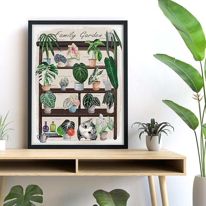 TimAsh Unframed Funny Cat Botanical Wall Art Family Garden Modern Green Plant Decor Tropical Boho Style Cute Kitten Canvas Prints for Bedroom Bathroom Living Room 16'' x 12''