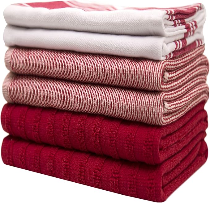 Premium Kitchen Towels (20”x 28”, 6 Pack) – Large Cotton Kitchen Hand Towels – Flat & Terry Towel – Highly Absorbent Tea Towels Set with Hanging Loop (Wide Stripe Red)