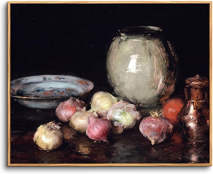 crmotu Vintage Framed Wall Art, Still Life Onions Canvas Oil Paintings, Black Antique Kitchen Decorations Art Prints, Rustic Home Decor Bedroom Dining Room Desktop Farmhouse Aesthetic Artwork 8x10in