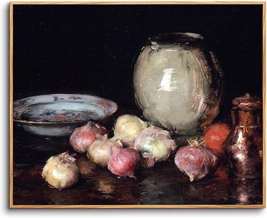 crmotu Vintage Framed Wall Art, Still Life Onions Canvas Oil Paintings, Black Antique Kitchen Decorations Art Prints, Rustic Home Decor Bedroom Dining Room Desktop Farmhouse Aesthetic Artwork 8x10in