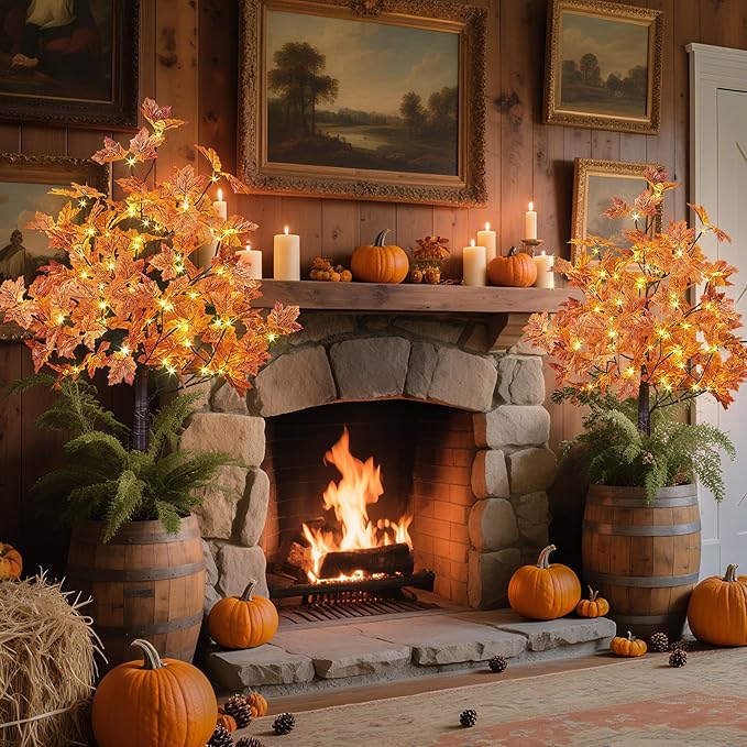 LIGHTSHARE 2PCS 4FT 144LED Artificial Lighted Maple Tree Warm White Halloween Fall Decorations Indoor Outdoor, Orange