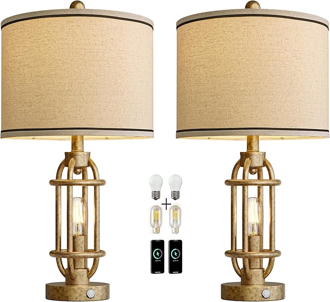 23.75'' Table Lamps Set of 2 for Living Room Bedroom Industrial Farmhouse Metal Touch Lamps with USB A+C Ports, Night Light Vintage Nightstand Bedside Lamp, Bulbs Included, Champagne Gold