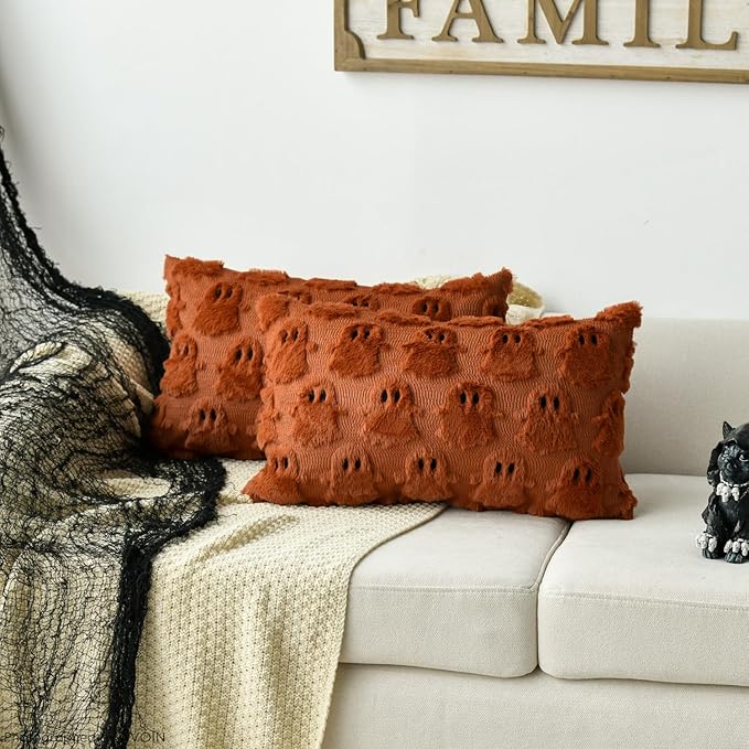 AVOIN colorlife Halloween Ghost Caramel Throw Pillow Cover Set of 2, 12 x 20 Inch Soft Plush Faux Fur Jacquard Spooky Cushion Case Decoration for Sofa Couch
