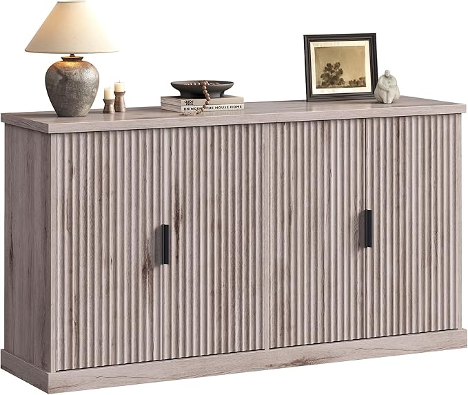 VASAGLE MAXE Collection - Transitional Buffet Cabinet, Console Cabinet, Sideboard with Adjustable Shelves, Fluted Doors, Buffet Table, Kitchen Pantry, Washed Gray UBBK382G01S