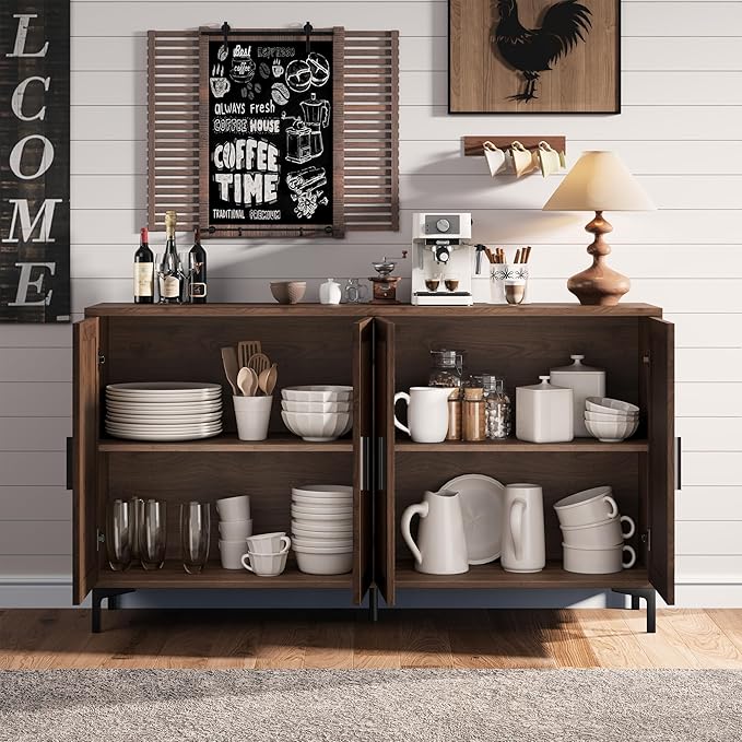 Modern Rattan Decor Sideboard - 42"W x 34.66"H x 15"D, Brown, 4 Doors, 3 Adjustable Shelves, Kitchen Buffet Cabinet, Dining Room, Living Room