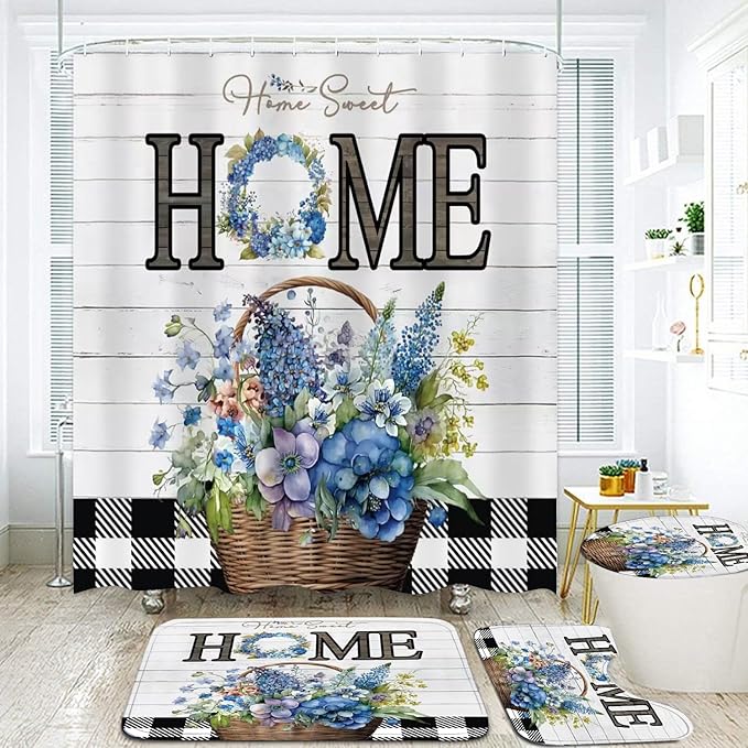 FZDHHY Blue Flower Shower Curtain Set Home Sweet Home Bathroom Sets Rustic Shower Curtain with Rugs,Bathroom Shower Curtain Set with Carpet Bath Mat Toilet Rugs