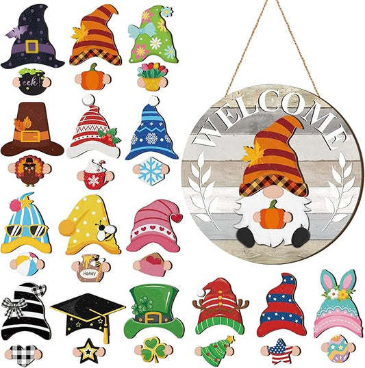 Qunclay Interchangeable Wooden Gnome Decor Holiday Seasonal Gnome Decorations with Magnet Pieces and Detachable Hats Changeable Welcome Sign for Home(Yellow and Grey)