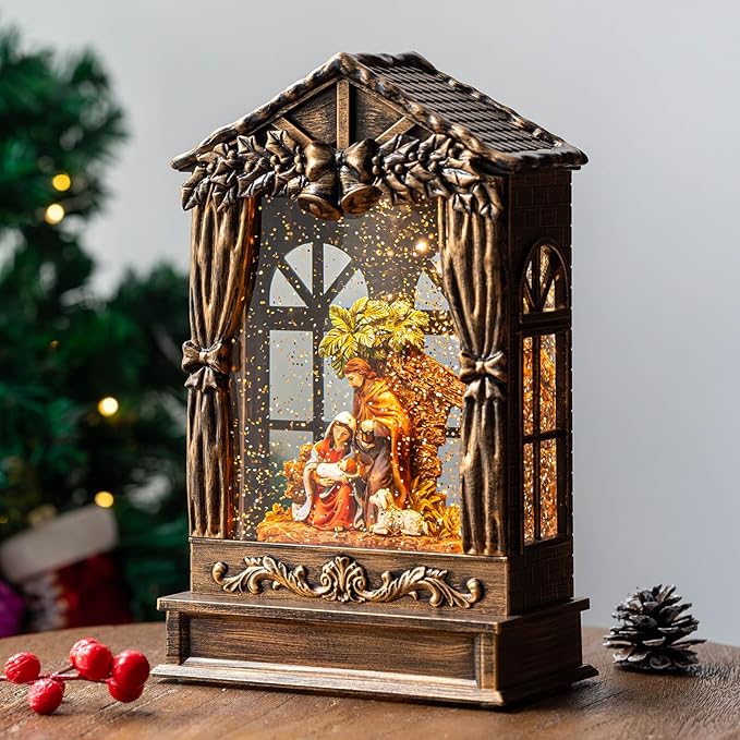 Christmas Snow Globe Lighted Manger Nativity Scene, Musical Water Lantern Play Silent Night Music in Swirling Glitter, Holiday Decorations Gifts for Family, Children or Friends