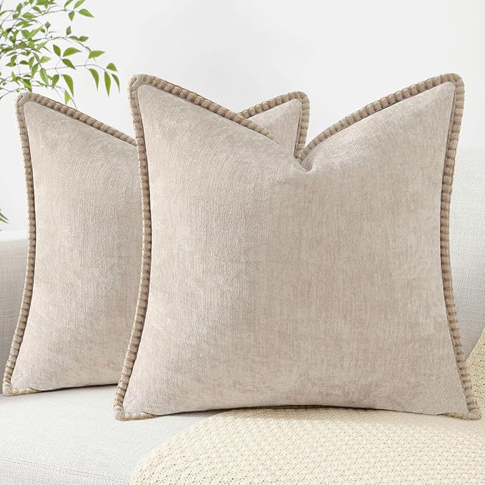 decorUhome Chenille Soft Throw Pillow Covers 22x22 Set of 2, Farmhouse Velvet Neutral Decorative Euro Pillow Covers with Stitched Edge for Couch Sofa Bed Home Decor, Beige