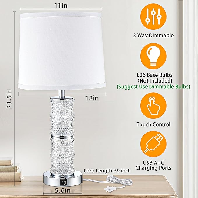 GRUENLICH Crystal Bedside Lamps Set of 2, Chrome Nightstand Bedroom Light with Touch Control, 3-Way Dimmable Table Lamps, USB C+A Charging Ports for Living Room and End Tables