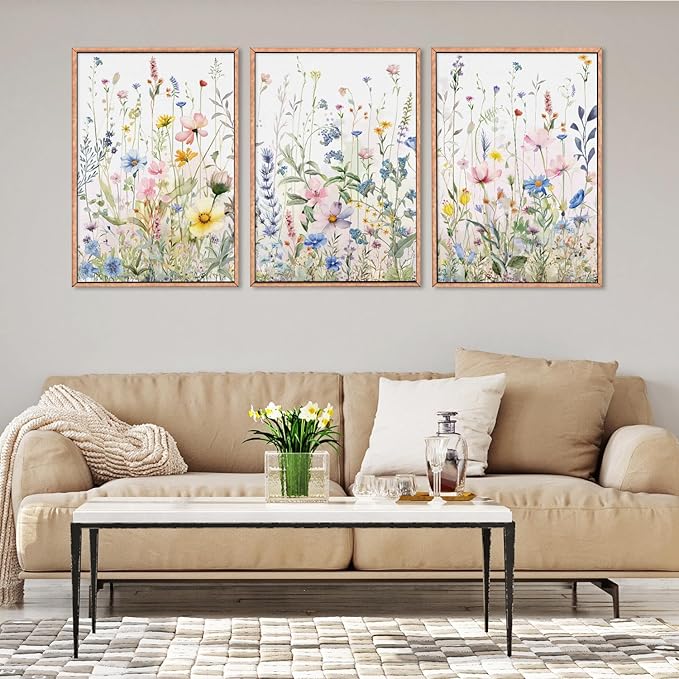 HPINUB Colorful Flower Framed Canvas Wall Art Set, Watercolor Daisy Floral Wall Decor, Wildflower Green Leaf Wall Painting, Multicolour Botanical Art Print for Living Room, Bedroom, Office - 16"x24"x3