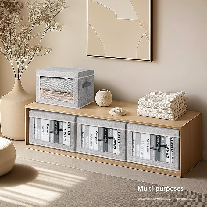 Storage Box with Lids - 5 Pack Foldable Clear Window Storage Bins, Large Decorative Storage Bins with Handles, Storage Containers for Clothes, Towel, Blanket, Sheet, Light Grey