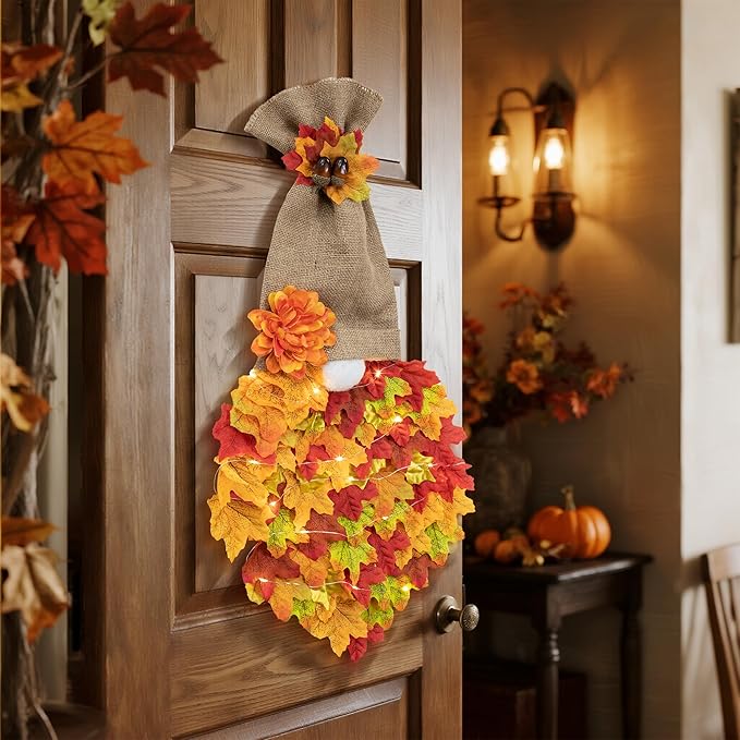 Fall Garland Gnome Door Hanging Wreaths with Maple Leaves LED String Lights, Artificial Maple Leaves Wreath for Autumn Harvest Thanksgiving Decoration Home Indoor Outdoor B