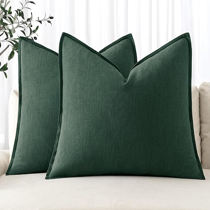 MIULEE Decorative Linen Euro Sham Pillow Covers 26x26 Dark Green Boho Farmhouse Neutral Couch Throw Pillows for Bed Pack of 2 Accent Modern Pillowcase Sofa Livingroom Home Decor