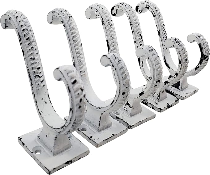 Claimed Corner Iron Scroll Coat Hooks - Wall Mounted Rustic Farmhouse Cast Iron DIY Coat Towel Hat Scarf Bag Hook - 5 Pack (Antique White)