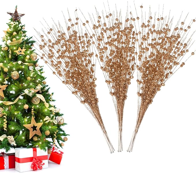 Christmas Artificial Glitter Berry Stem Decorations Decorative Bead Sticks Xmas Picks Glittery Twigs Branches for Christmas Tree Wreath Gift Vase Decor Party Ornaments Rose Gold 24 PCS