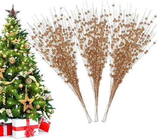 Christmas Artificial Glitter Berry Stem Decorations Decorative Bead Sticks Xmas Picks Glittery Twigs Branches for Christmas Tree Wreath Gift Vase Decor Party Ornaments Rose Gold 24 PCS