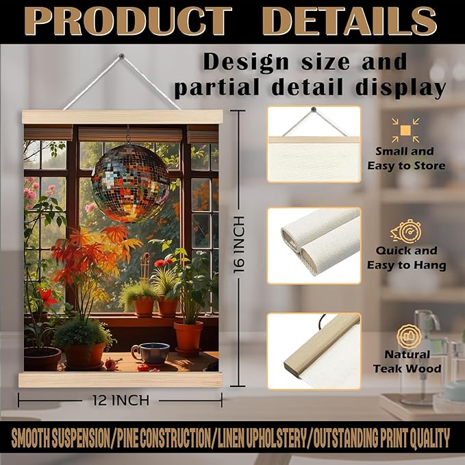 Vintage 1970s Funky Disco Ball Wall Art, 70s Home Room Decor, Retro Houseplants Warm Aesthetic Canvas Wall Art Poster Hanger Frame for Home Bedroom Living Room Bathroom Conservatory, 12x16 Inch