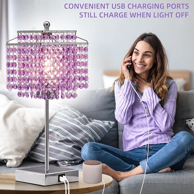 Luvkczc Crystal Table Lamp, Touch Lamp with USB C+A Ports, 3-Way Dimmable Lamp with Crystal Shade, Purple Nightstand Lamp for Girl Bedroom, Living Room, Bulb Included