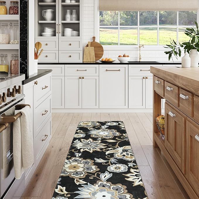 Lahome Floral Black Small Runner Rug - 2x4 Area Rug Non-Slip Low-Pile Washble Entryway Runner Rug Throw Stain Resistant Kitchen Rugs, Paisley Print Accent Carpet Runners for Bedroom Bathroom Laundry