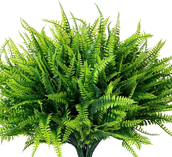 24 Bundles Artificial Fake Plants for Outdoor Faux Boston Fern for Home Decor UV Resistant Fake Plants Greenery for Front Porch Planter Indoor or Outdoor (Green)