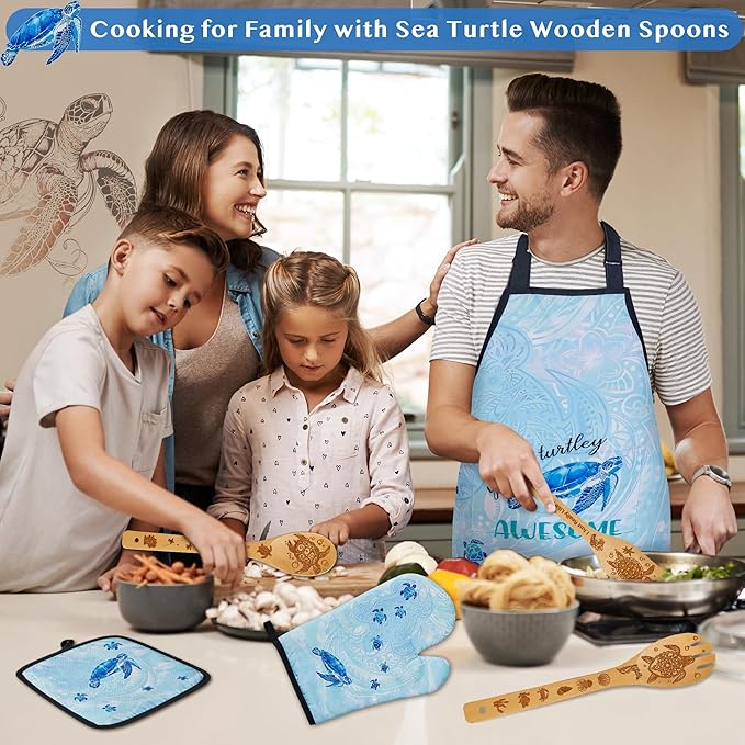Sea Turtle Gifts for Women,8PCS Coastal Bamboo Cooking Utensil Spoon with Apron Oven Mitt Potholder for Kitchen Decor,Ocean Themed Stuff for Turtle Lovers,Mom,Housewarming,Birthday Gifts