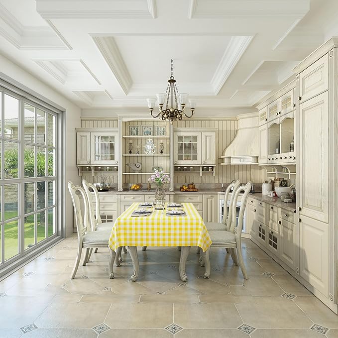 misaya Rectangle Waterproof Vinyl Table Cloth, Buffalo Flannel Backed Tablecloth, Wipeable Plastic Table Cover for Dinner, Kitchen, Outdoor (60" x 144", Yellow and White)