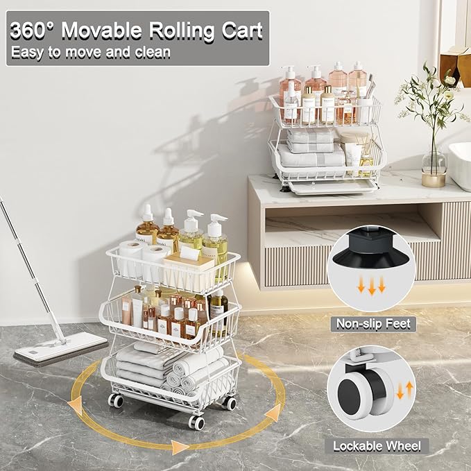 3-Tier Rolling Pantry Floor Organizer, Stackable Pantry Storage Cart with Wheels, Metal Wire Snack Baskets, Kitchen Fruit Basket Stand, Vegetable Storage Rack for Fruits Onions Potatoes Snacks, White