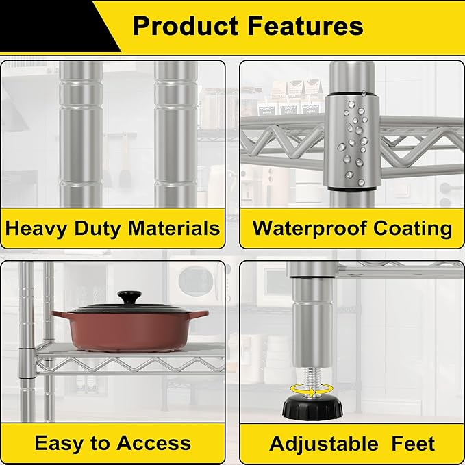 GIOTORENT 8-Wire Garage Shelving Storage Shelves, Kitchen Storage Adjustable Shelf, Metal Shelves 1600Lbs Capacity 24" W x 14" D x 72.2" H for Laundry Bathroom Pantry Closet, Silver